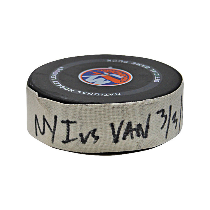 New York Islanders Game Used Puck 3/3/22 vs Vancouver Goal #2 Puck Scored by Brad Hunt