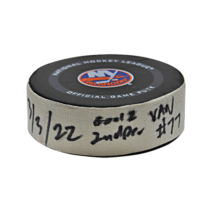 New York Islanders Game Used Puck 3/3/22 vs Vancouver Goal #2 Puck Scored by Brad Hunt