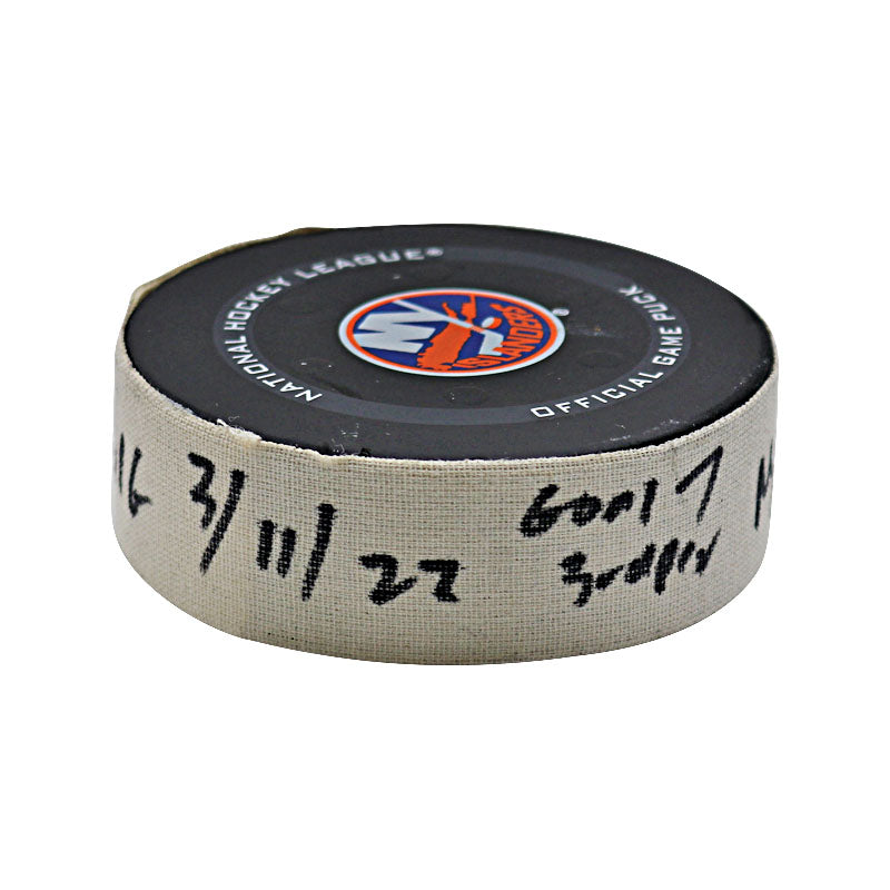 New York Islanders Game Used Puck 3/11/22 vs Winnipeg Goal #7 Puck Scored by Cal Clutterbuck