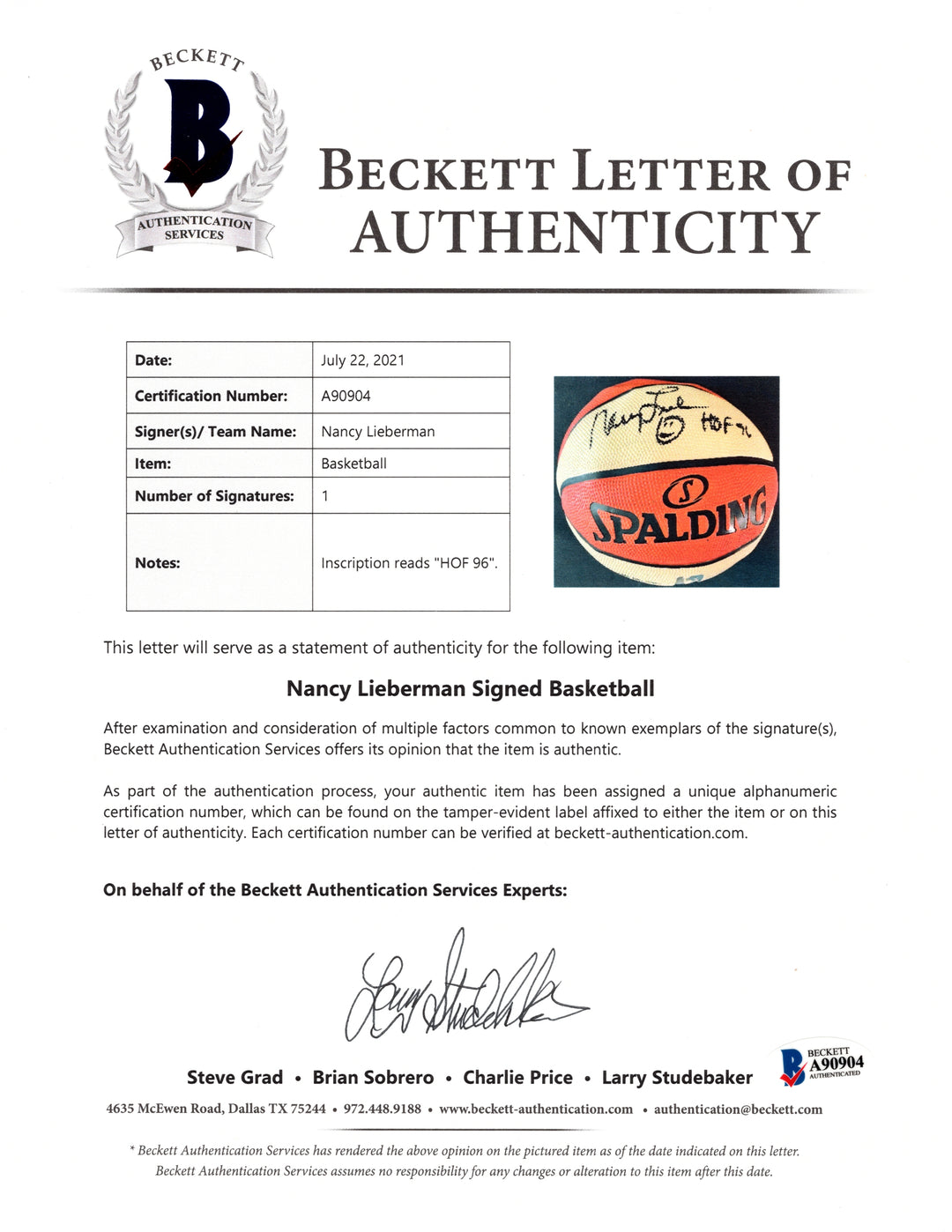 Nancy Lieberman Autographed WNBA Logo Basketball Phoenix Mercury Detroit Shock Proof Beckett Signed