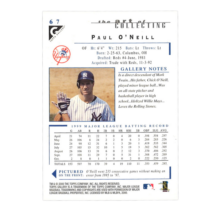 Paul O'Neill New York Yankees Autographed 2000 Topps Gallery #67 Trading Card (CX Auth)