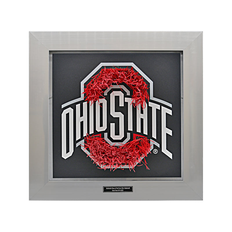 Ohio State Silver Framed Logo Collage With Pieces of Authentic Ohio Stadium Red Endzone Turf