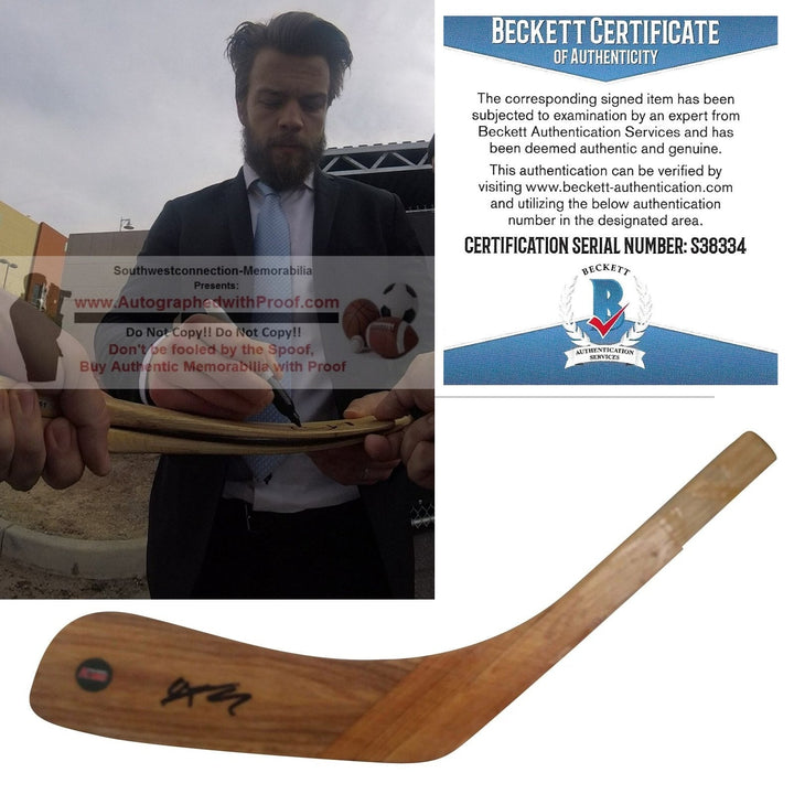 Oscar Fantenberg Calgary Flames Autographed Logo Hockey Stick Blade Exact Proof Photo Beckett BAS