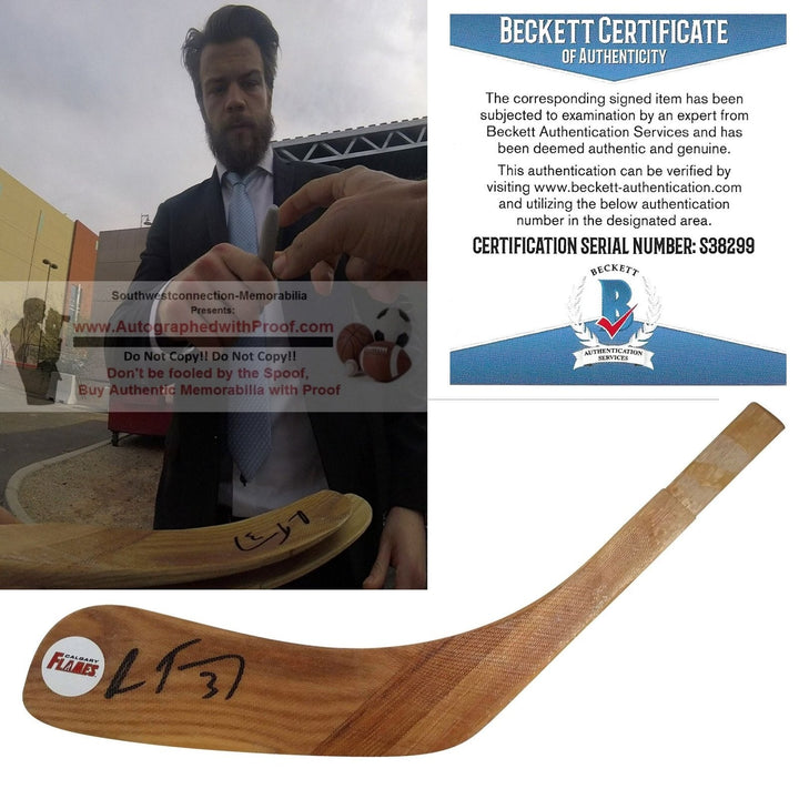 Oscar Fantenberg Calgary Flames Signed Logo Ice Hockey Stick Blade Exact Proof Photo Beckett BAS