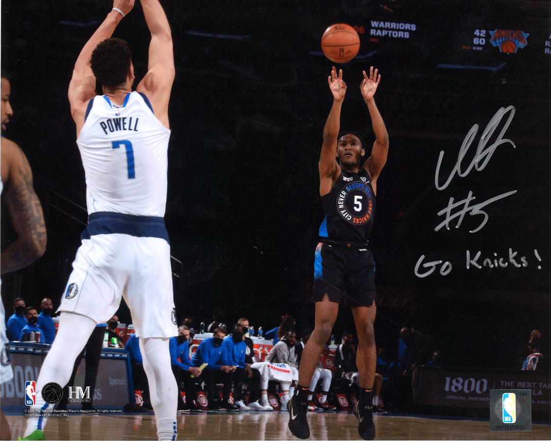Immanuel Quickley New York Knicks Autographed Shooting Jumpshot vs Mavericks & Inscr. "Go Knicks!" 8x10 Photo