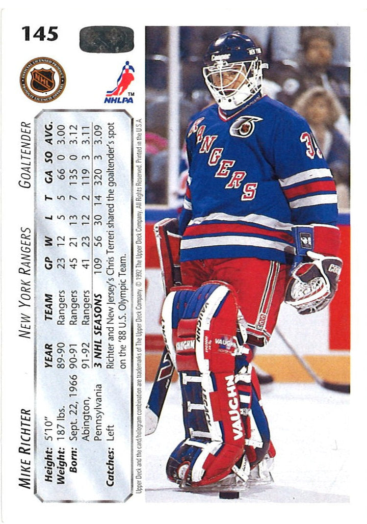 Mike Richter New York Rangers Autographed 1992-1993 Upper Deck (#145) Hockey Card (CX Auth)