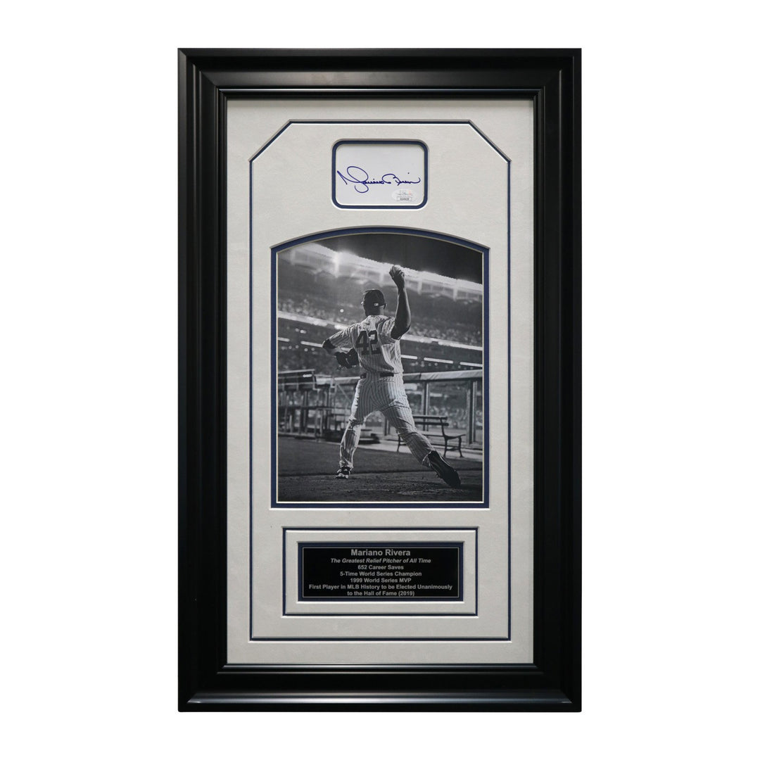 Mariano Rivera New York Yankees Autographed and Framed Black & White Chit Collage - 15"x25" Frame (JSA Authenticated) - CollectibleXchange