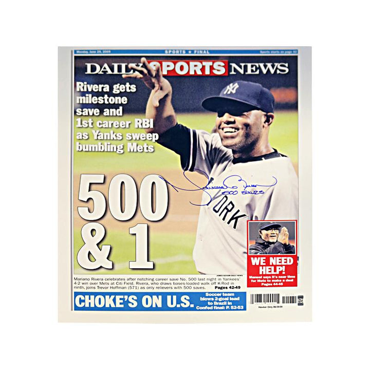 Mariano Rivera New York Yankees Autographed w/500 Saves Inscription 16x20 Daily News Back Page Reprint