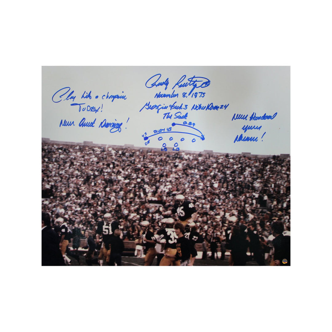 Rudy Ruettiger University of Notre Dame Autographed Carry Off with 6 Inscriptions and Play Diagram 16x20 Photo (Steiner Hologram Only)
