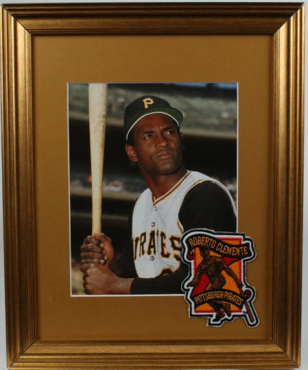 Roberto Clemente Pirates 14x17 Custom Framed Photo Display with Vintage Commemorative Pirates Cloth Patch