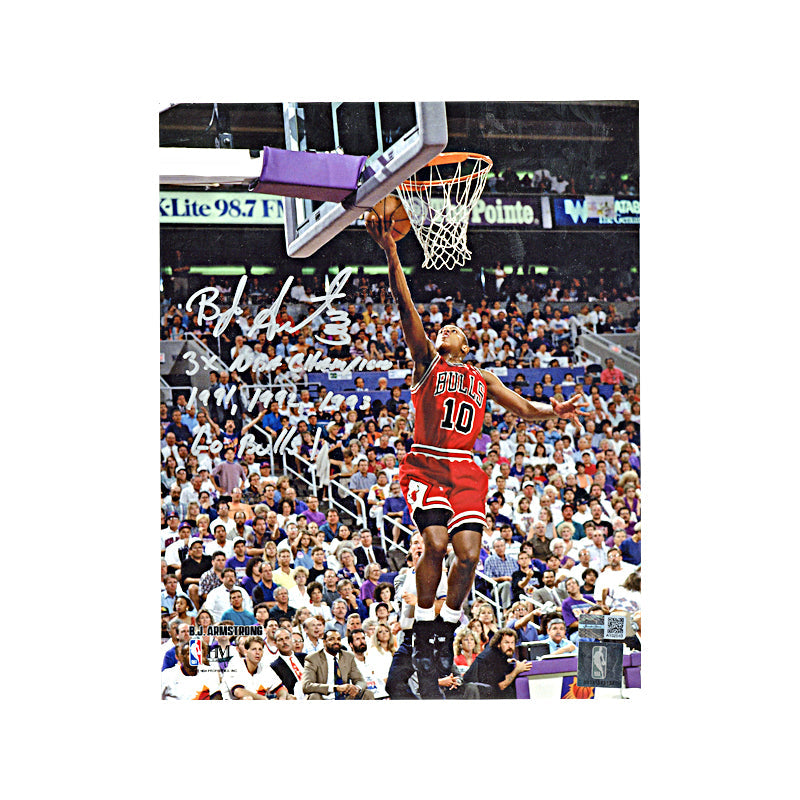 BJ Armstrong Autographed Chicago Bulls 8x10 Layup Photograph Signed in Silver with "3x NBA Champion - 1991, 1992, 1993"