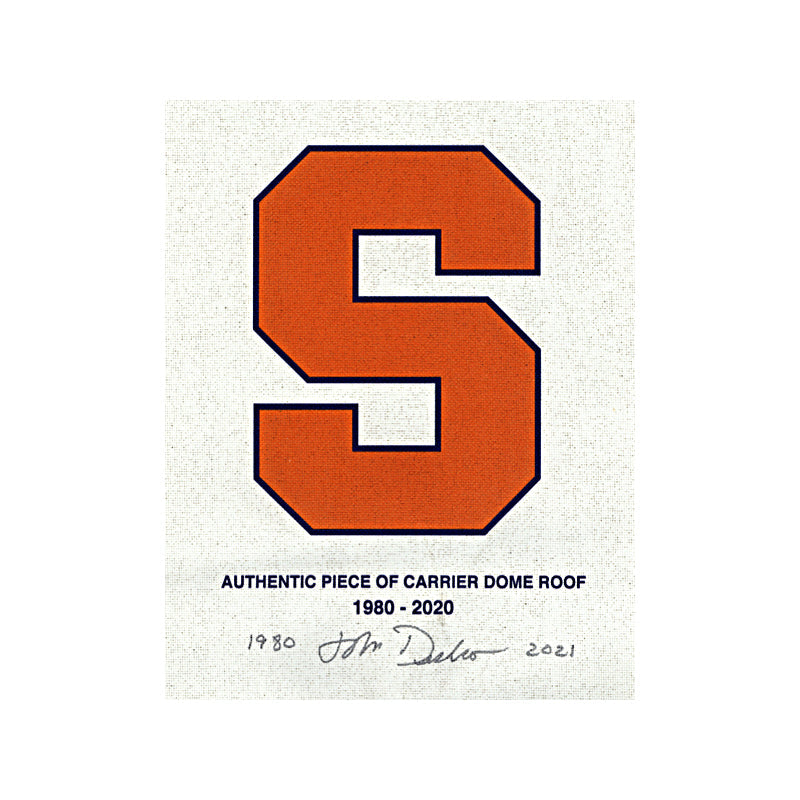 Syracuse University Authentic 11x 14 Piece of Carrier Dome Roof with Orange S Logo Imprinted w/w/Coach John Desko Autograph and 1980-2021 Inscription (CX Auth)