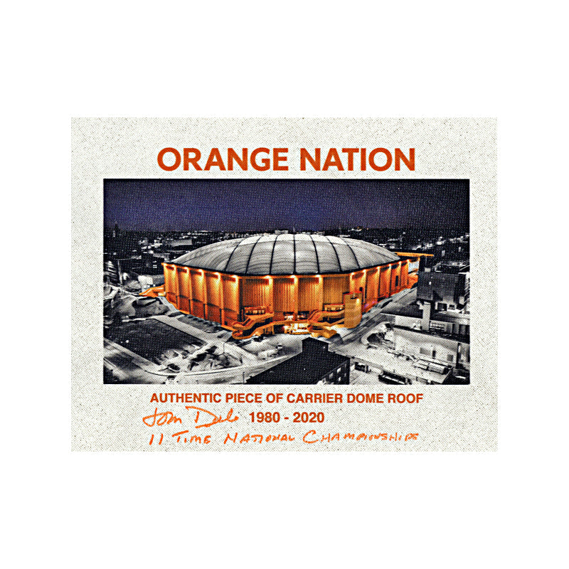 Syracuse University Authentic 11x 14 Piece of Carrier Dome Roof with Night Time Image of Dome Imprinted w/Coach John Desko Autograph and 11 Time Natl Champs Inscription (CX Auth)