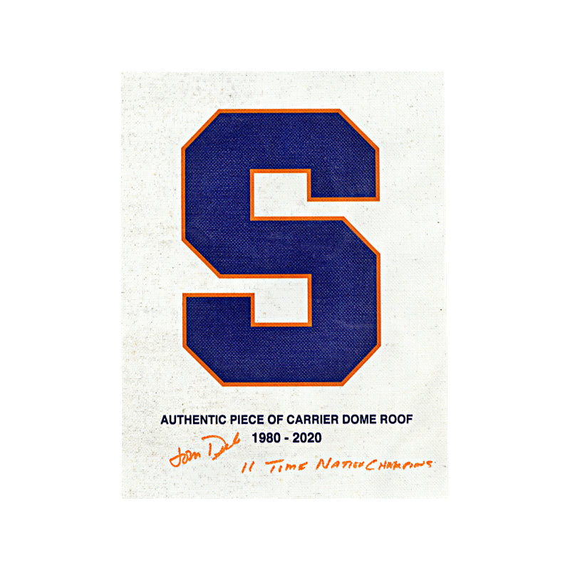 Syracuse University Authentic 11x 14 Piece of Carrier Dome Roof with Blue S Logo Imprinted w/Coach John Desko Autograph and 11 Time Natl Champs Inscription (CX Auth)