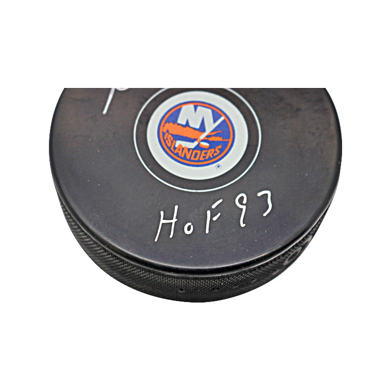 Billy Smith New York Islanders Autographed and Inscr. "HOF 93" Islanders Puck (PSA Auth)