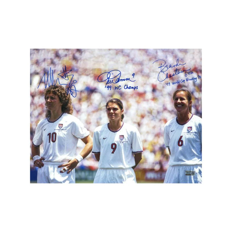Mia Hamm, Brandi Chastain & Michelle Akers Autographed 1999 World Cup 11x14 Photograph with 3 Inscription (CX Auth)