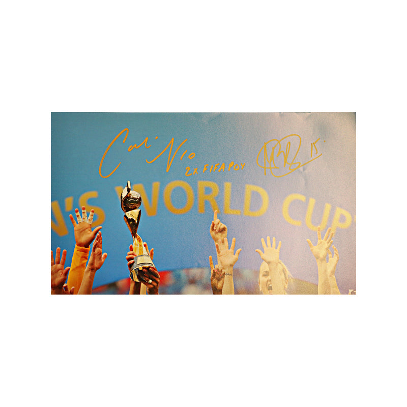 Morgan, Lloyd and Rapinoe Triple Signed in Blue and Gold 2019 World Cup Celebration 16x20 Photo (CX Auth)