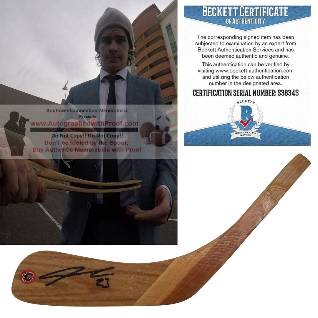 Sean Monahan Calgary Flames Signed Logo Hockey Stick Blade Exact Proof Photo Beckett BAS Cert S38343