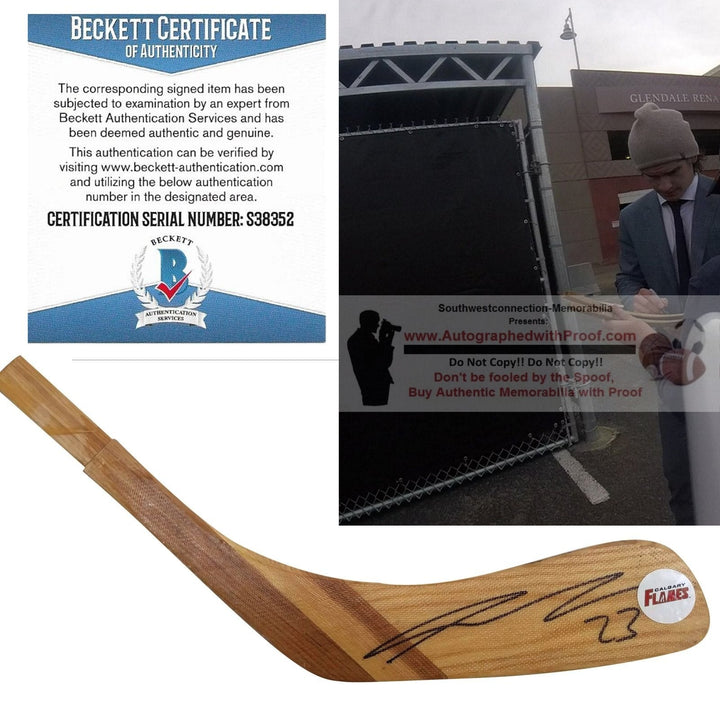 Sean Monahan Signed Calgary Flames Logo Hockey Stick Blade Exact Proof Photo Beckett BAS Cert S38352