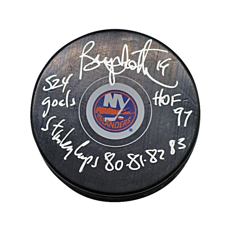 Bryan Trottier New York Islanders Autographed and Inscribed "524 Goals, HOF 97, Stanley Cup 80,81,82,83" Game Model Puck with  - Signed in Silver (CX Auth)