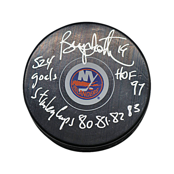 Bryan Trottier New York Islanders Autographed and Inscribed "524 Goals, HOF 97, Stanley Cup 80,81,82,83" Game Model Puck with  - Signed in Silver (CX Auth)