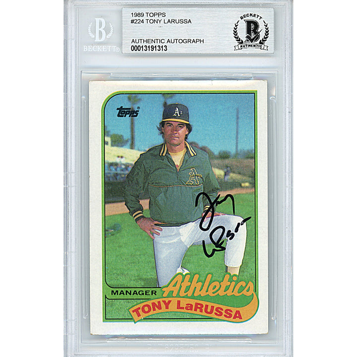 Tony LaRussa Oakland Athletics A's Autographed 1989 Topps Baseball Card Beckett BAS Slab Signed