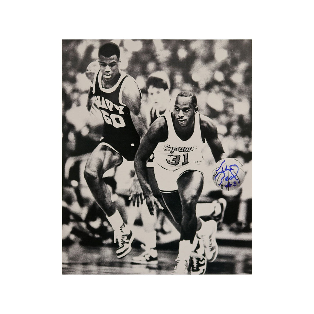 Pearl Washington Syracuse University Autographed 8x10 Photograph Dribbling Against David Robinson of Navy (CX Auth)