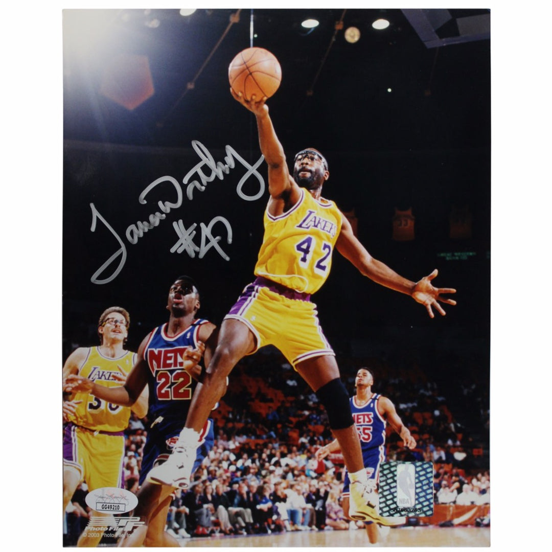 James Worthy Los Angeles Lakers Autographed Finger Roll vs. Nets 8x10 Photograph (JSA Authenticated)